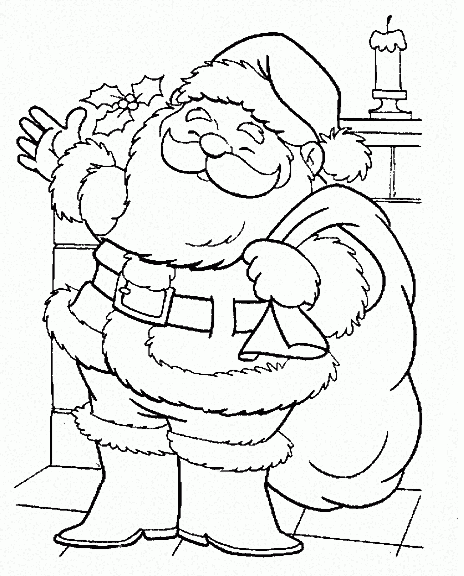 Mikołaj z worem prezentów przy kominku kolorowanka do druku